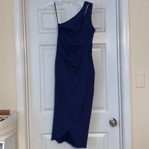 Zalalus Navy Blue One shoulder cutout ruched bodycon slit dress size small
